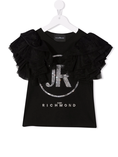 John Richmond Junior Teen Ruffle Tulle Sleeves T-shirt In Black