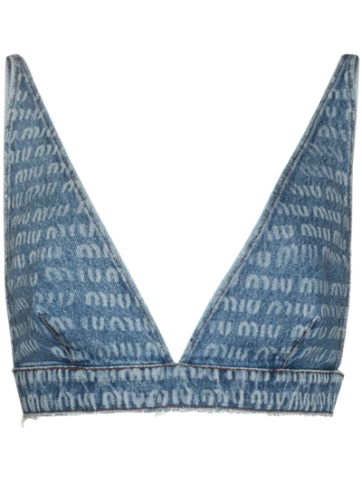 Miu Miu Logo-print Denim Bralette Top In Navy