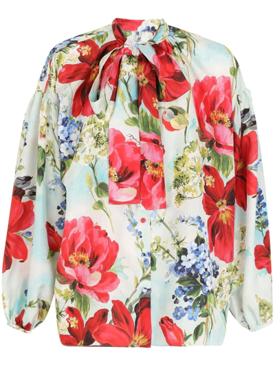 Dolce & Gabbana Habotai Shirt With Pictorial Garden Print In Multicolour