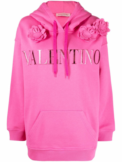 Valentino Floral Appliqué Logo Embroidered Cotton Hoodie In Pink