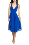 Dress The Population Alicia Mixed Media Midi Dress In Eletric Blue