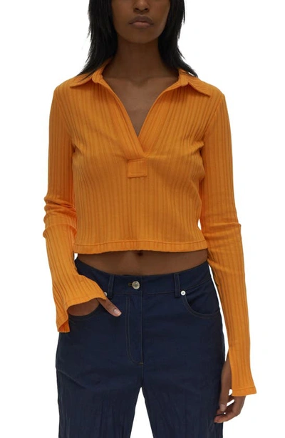 Helmut Lang Textured Stripe Crop Cotton Polo Shirt In Yellow