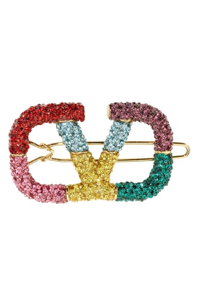 Valentino Garavani Multicoloured Vlogo Crystal Hair Clip In Green