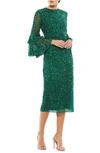 Mac Duggal Tiered Ruffle-sleeve Sequin Midi Dress In Deep Emerald