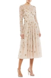 Mac Duggal Beaded Illusion High Neck Long Sleeve A Line Gown In Neutral