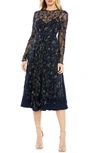 MAC DUGGAL BEADED FLORAL LONG SLEEVE COCKTAIL MIDI DRESS