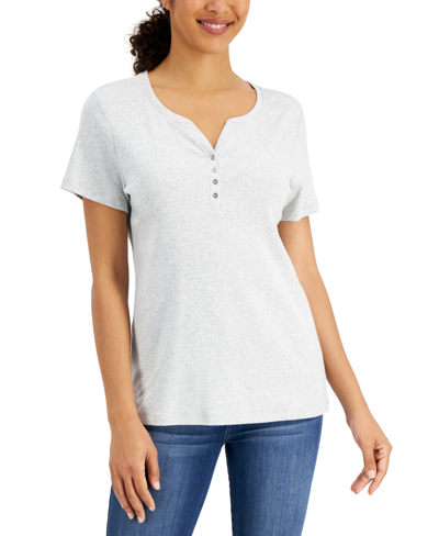 Karen Scott Petite Cotton Henley Top, Created For Macy's In Bright White