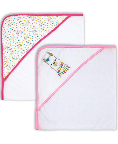 Jesse & Lulu Baby Girls Llama Hooded Towel, 2 Piece Set In White And Pink