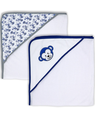 Jesse & Lulu Baby Boys Monkey Hooded Towel, 2 Piece Set In White And Royal Blue