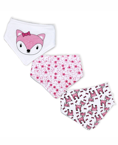 Jesse & Lulu Baby Boys And Girls Fawn Bandana Bibs, 3 Piece Set In Pink And White