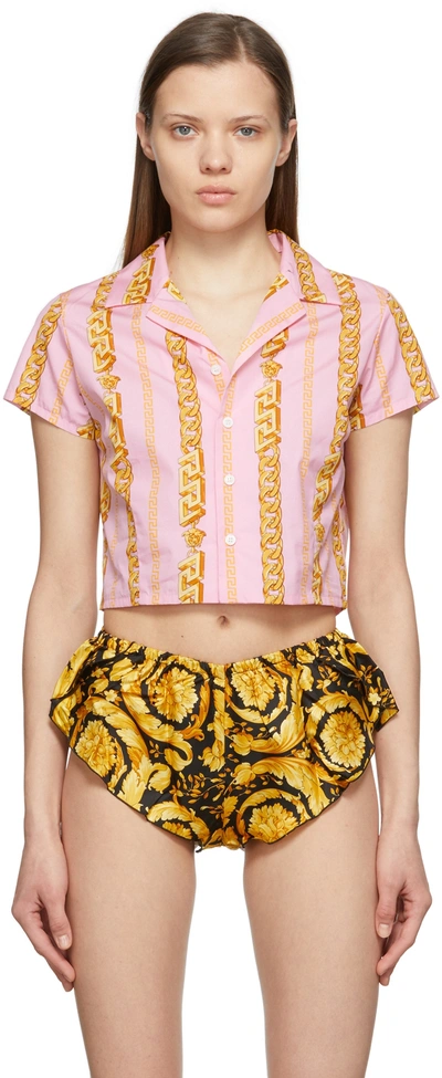 Versace Pink Cropped Chain Print Pyjama Shirt In Candy & Oro