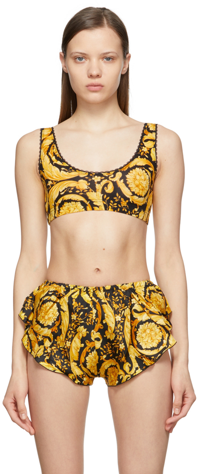 Versace Barocco Print Stretchy Cotton Crop Top In Gold,black