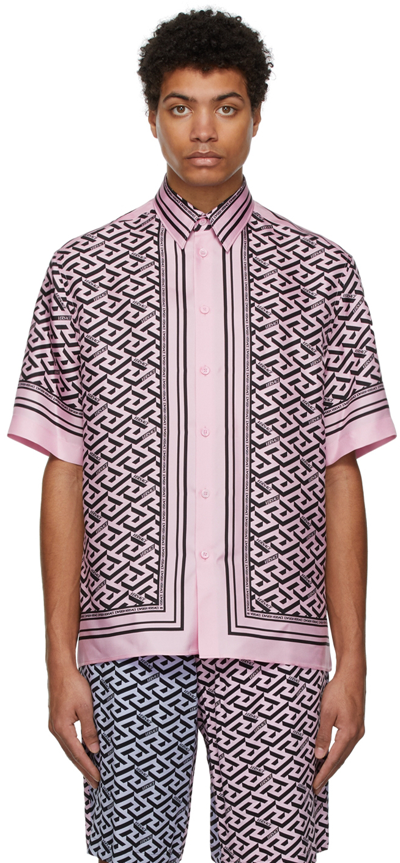 Versace La Greca Print Short Sleeve Silk Button-up Shirt In Pink
