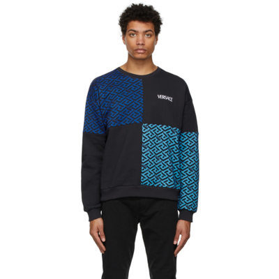Versace Cotton Printed Crew Neck Sweatshirt With Embroidered Logo In Blue