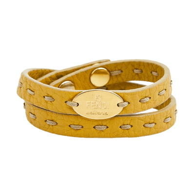 Pre-owned Fendi Yellow Selleria Leather Gold Tone Metal Double Wrap Bracelet In White