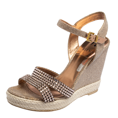 Pre-owned Gina Rose Gold Glitter And Crystal-embellished Leather Espadrille Platform Wedge Sandals Size 40