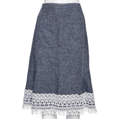 Pre-owned Oscar De La Renta Blue Silk & Linen Lace Trimmed Skirt Mto