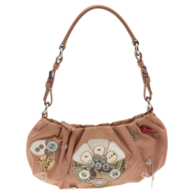 Pre-owned Prada Beige Nylon And Python Details Embellished Shoulder Bag
