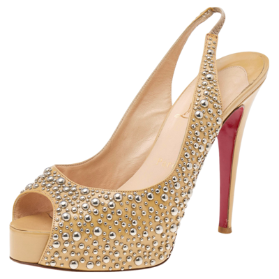 Pre-owned Christian Louboutin Beige Studded Patent Leather Star Prive Peep Toe Slingback Sandals Size 39