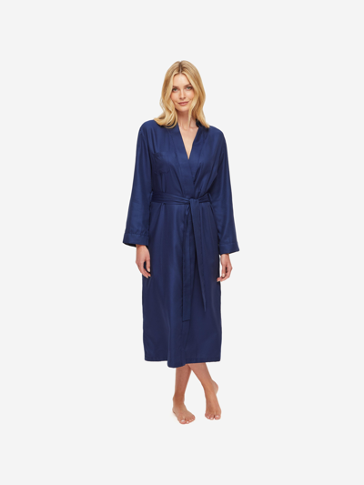 Derek Rose Women's Long Dressing Gown Lombard 6 Cotton Jacquard Navy In Blue