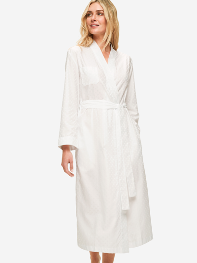 Derek Rose Women's Long Dressing Gown Kate 7 Cotton Jacquard White