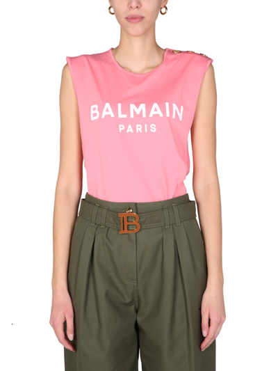 Balmain T-shirt With Logo Print In Pink