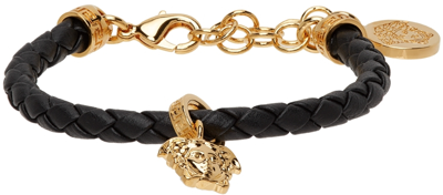 Versace Black & Gold Leather Braided Charm Bracelet In D41oh Black