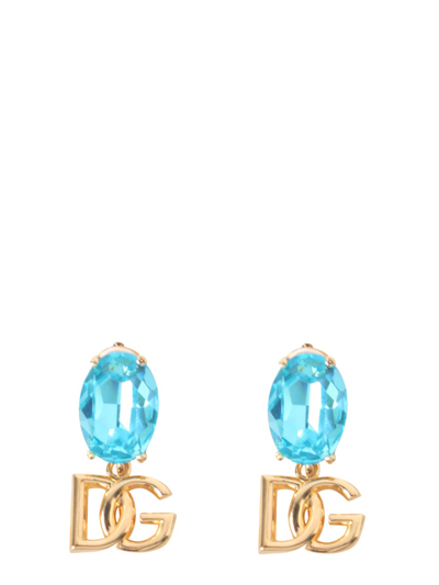 Dolce & Gabbana Pendant Earrings With Rhinestones And Logo In Azure