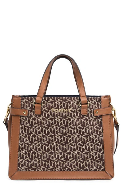 Tommy Hilfiger Lucia The Cube Jacquard Satchel Bag In Tan/ Dk/ Chocolate