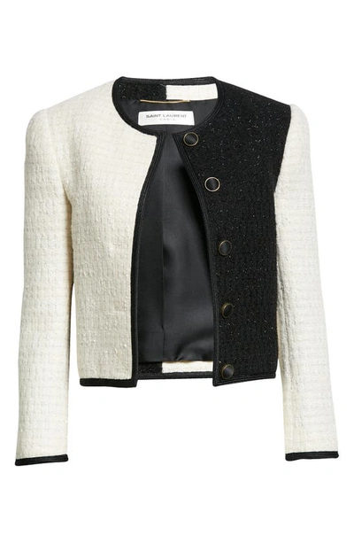 Saint Laurent Cropped Two-tone Metallic Tweed Jacket In Craie