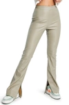 Topshop Faux Leather Flared Pants With Slit Hem In Neutral-brown