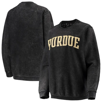Pressbox Women's Black Purdue Boilermakers Comfy Cord Vintage-like Wash Basic Arch Pullover Sweatshirt