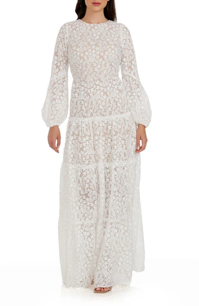 Dress The Population Lyra Semisheer Long Sleeve Gown In White