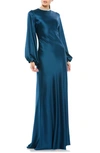 Mac Duggal Long Sleeve Satin Sheath Gown In Sapphire
