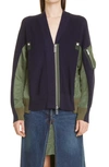 Sacai Wool Knit X Nylon Twill Cardigan In Navy