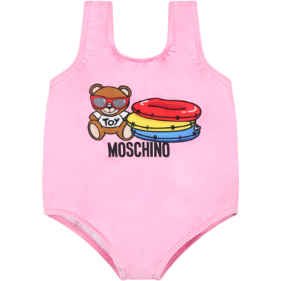 Moschino Babies' Logo印花大圆领连体泳衣 In Pink