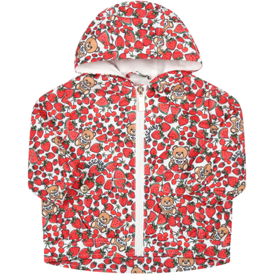 Moschino White Wind-jacket For Baby Girl With Strawberries