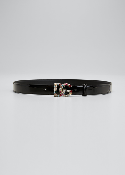 Dolce & Gabbana Dg Logo Jewel Patent Leather Belt In 80999 Nero