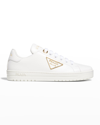 Prada Downtown Leather Tonal Sneakers With Metal Logo In Bianco