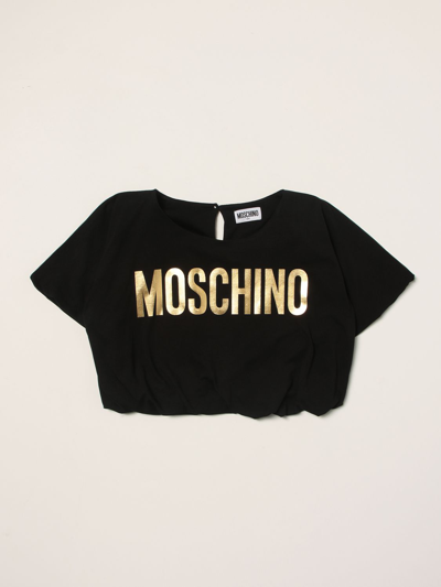 Moschino Kid Kids' Cropped T-shirt With Logo In Black