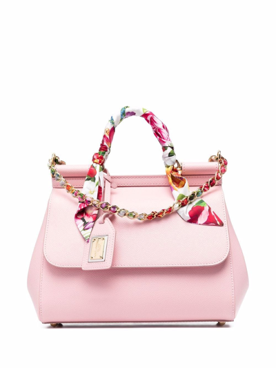 Dolce & Gabbana Small Sicily Scarf Leather Satchel In Pink
