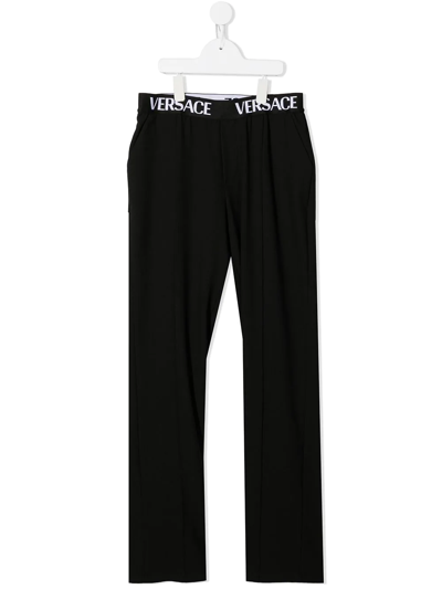 Versace Kids' Logo-waistband Straight-leg Trousers In Black