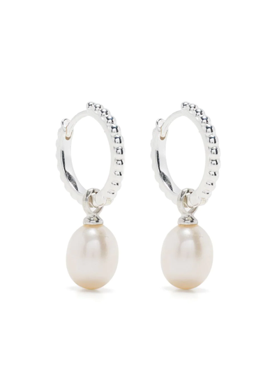 Dower & Hall Timeless Oval Pearl Charm Hoops In Silver