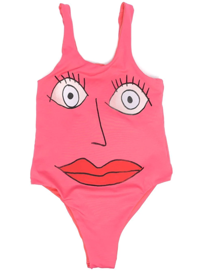 The Animals Observatory Kids' Face Print Tech One Piece Swimsuit In Pink