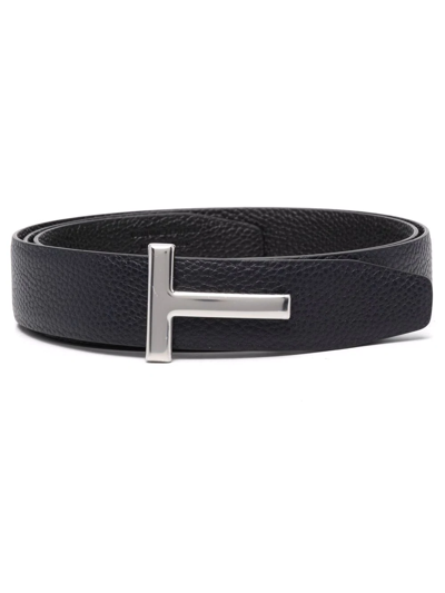 Tom Ford Logo-plaque Pebbled Belt In Blue