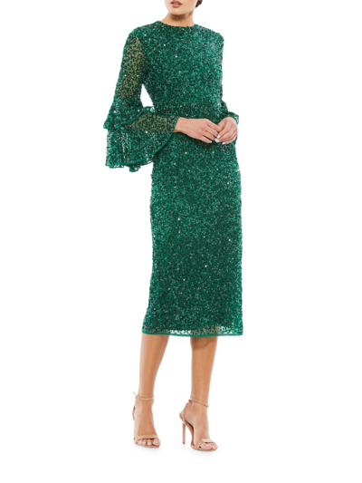 Mac Duggal Tiered Ruffle-sleeve Sequin Midi Dress In Green