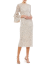 Mac Duggal Tiered Ruffle-sleeve Sequin Midi Dress In Beige
