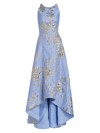 Teri Jon By Rickie Freeman Floral Brocade High-low Gown In Blue Gold