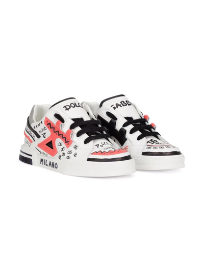 Dolce & Gabbana Kids' Hand-painted Leather Sneakers In White