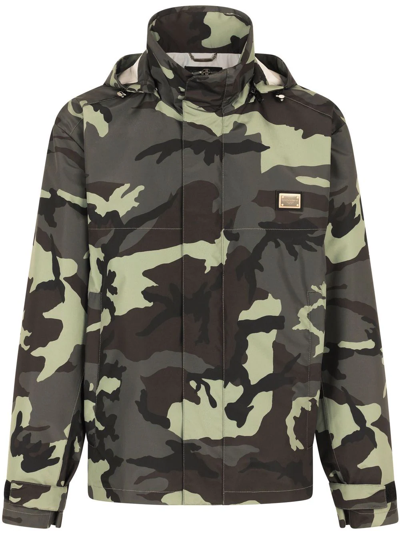 Dolce & Gabbana Camouflage Print Zip-up Hooded Jacket In Green